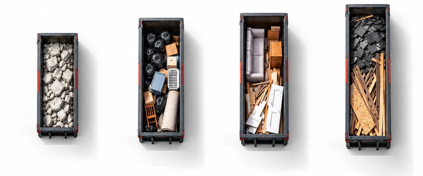 Top view comparison of 10, 20, 30 and 40 yard dumpsters with examples of debris each size can hold.