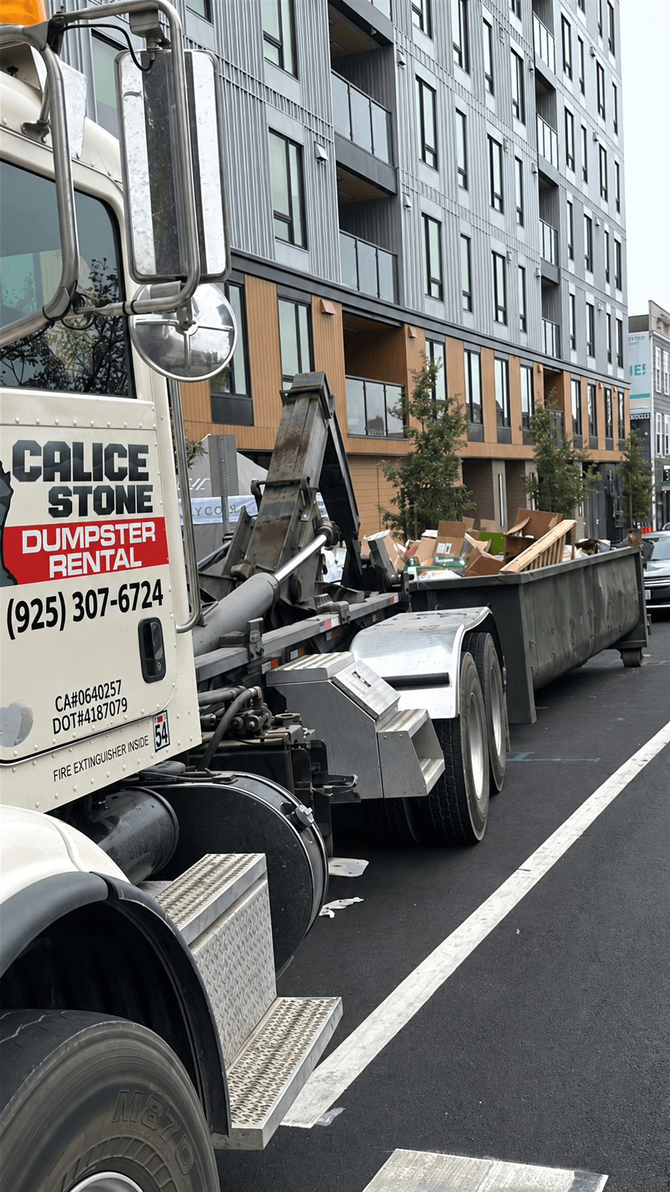 Calice Stone dumpster set up at a commercial construction job site in the Bay Area
